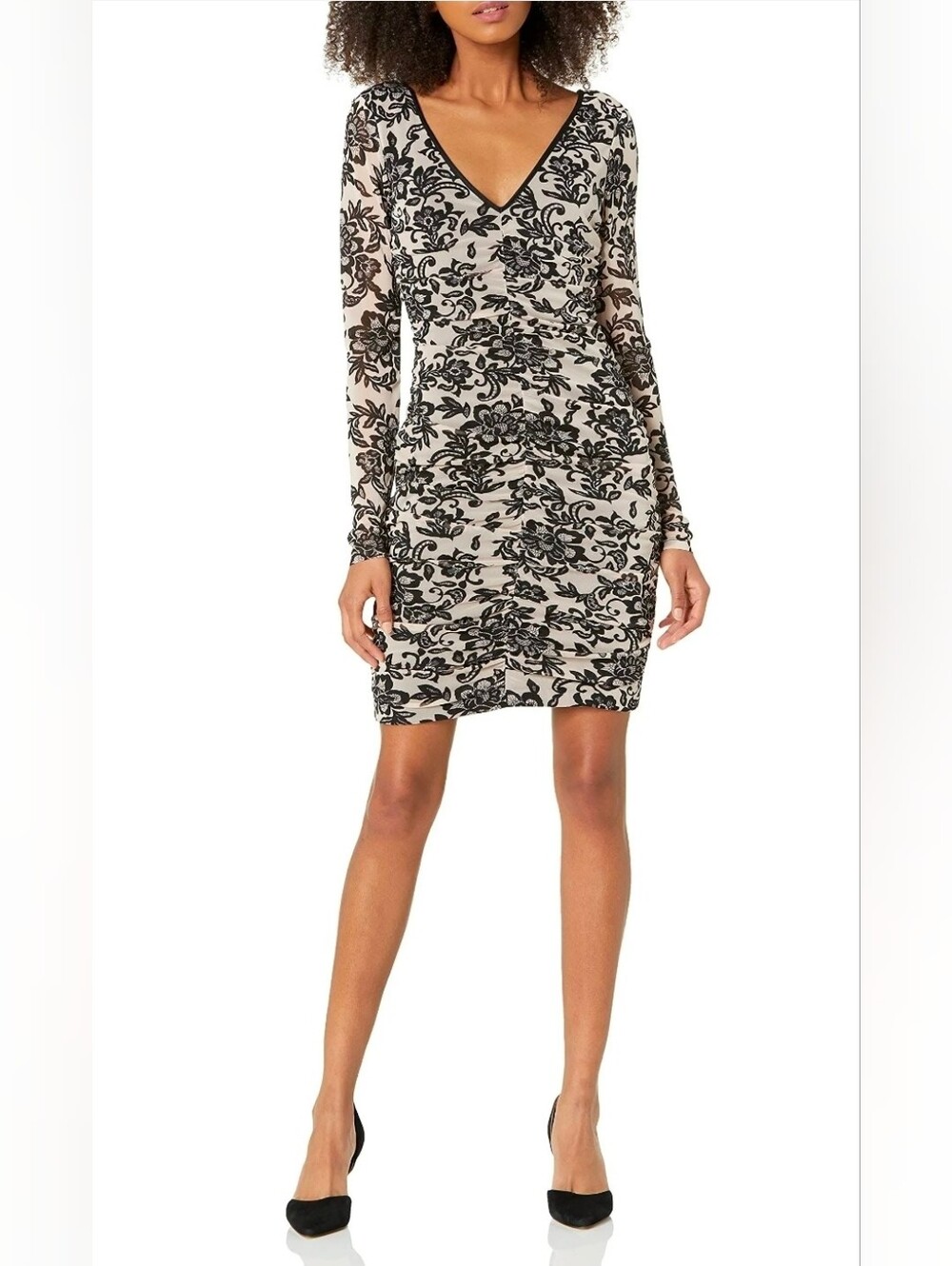 Guess Women’s Floral Ruched Bodycon Black Lace Overlay Sheat Dress 10